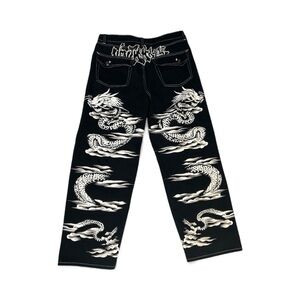 Ninth Hall Zumiez Wide Leg Jeans Black Sz 32 Dragon Skater Punk Grunge Dragons